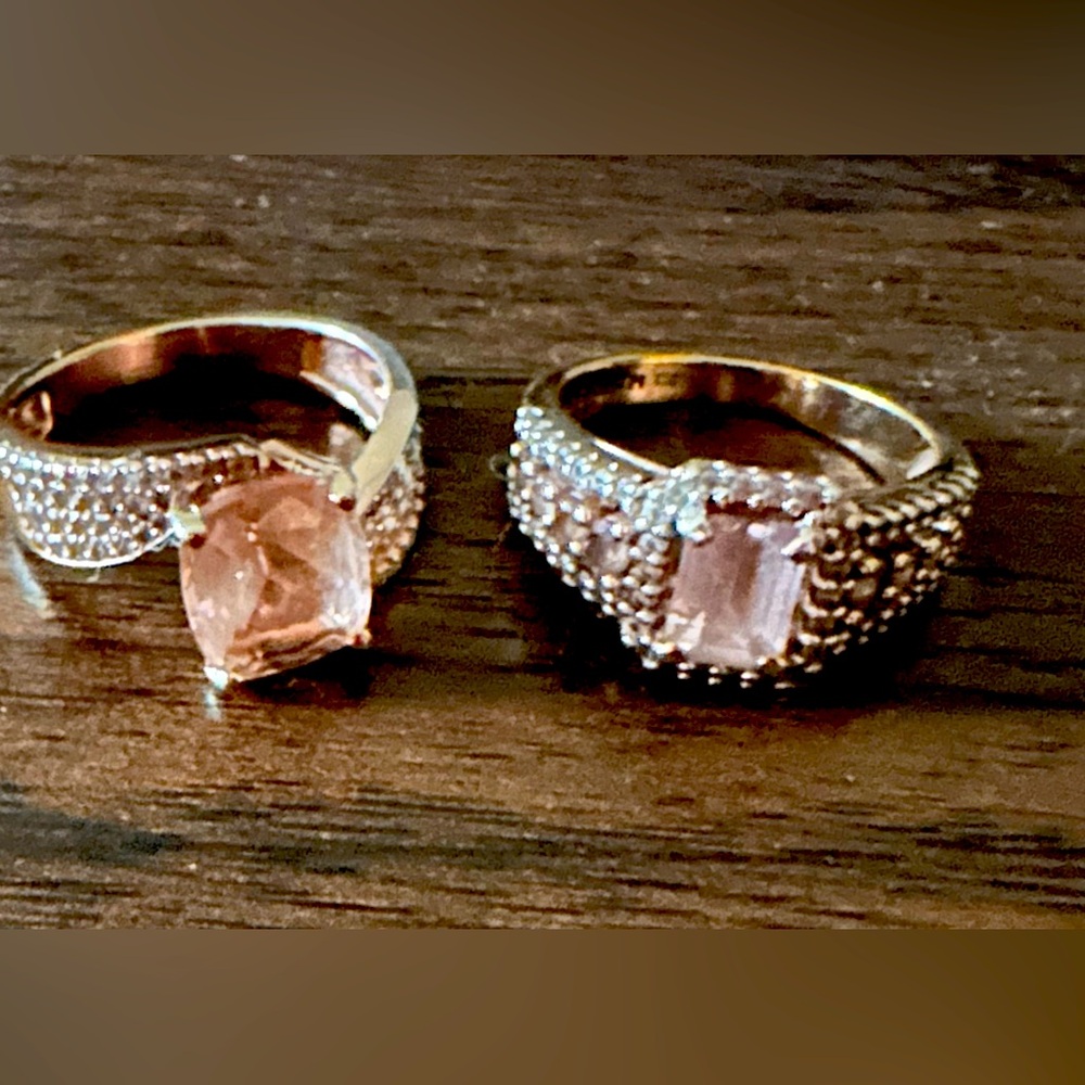 Two 14k rose gold over silver simulated morganite rings. Size 7